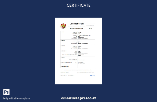 stile verificato Certificato di nascita dello stato di stato del Liechtenstein M